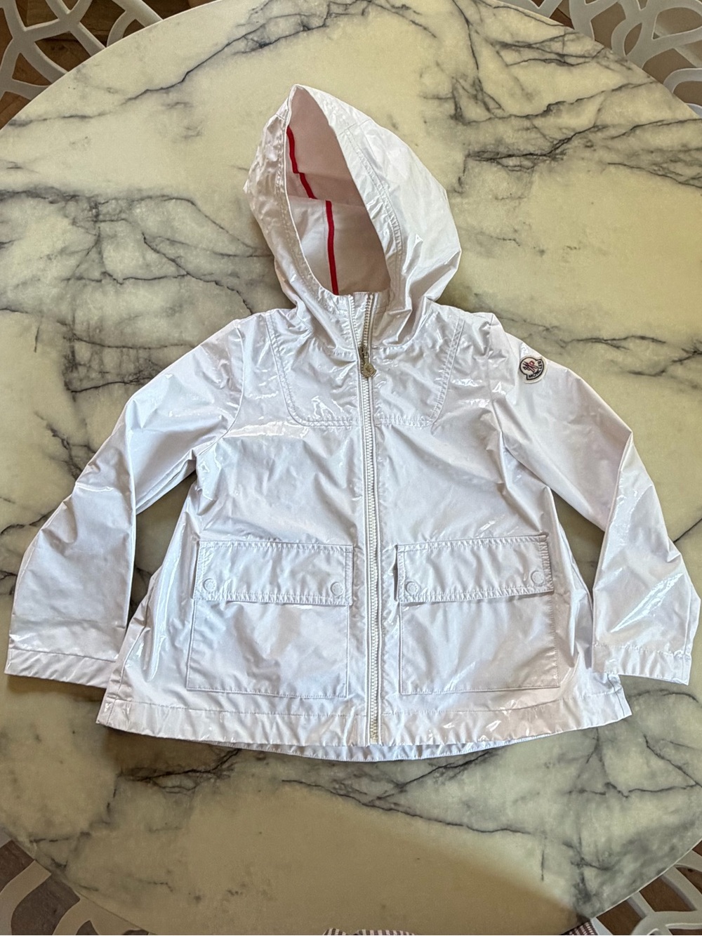 Moncler Kids White Hooded Raincoat with Subtle Red Trim